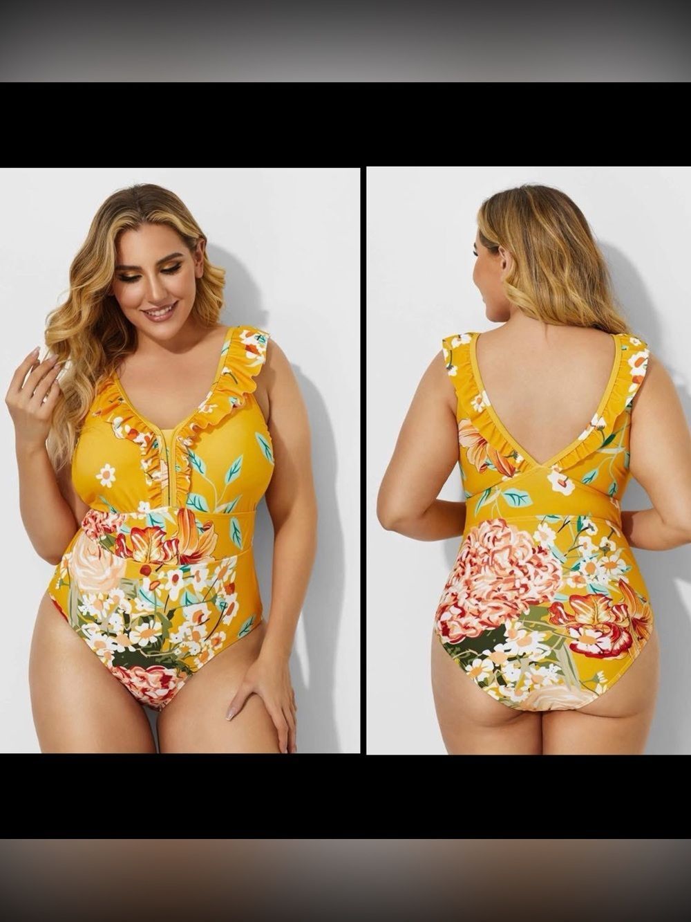 Meet.Curve Women’s Yellow Floral Ruffle V Neck One Piece Swimsuit